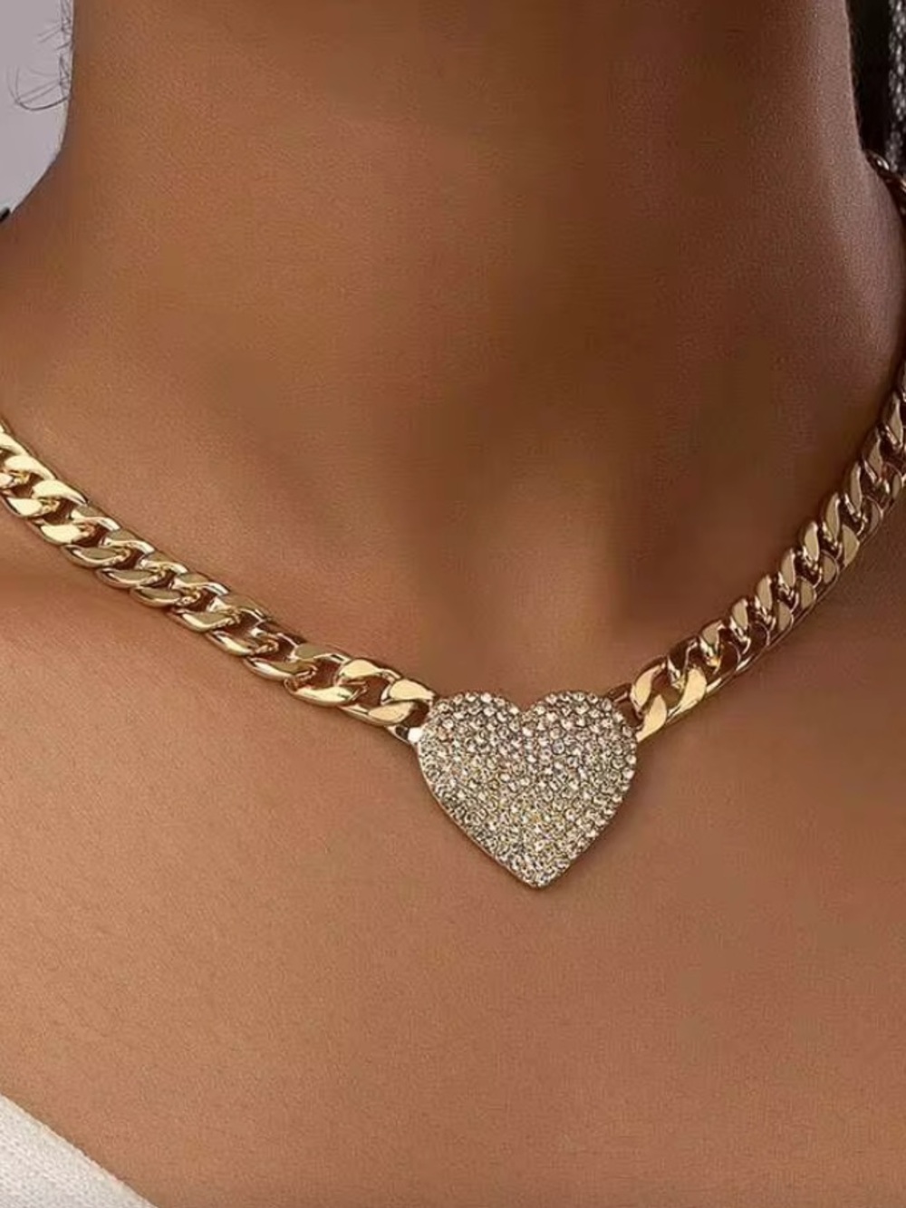 Gold Heart Pavé Cuban Chain Necklace - Women Jewelry